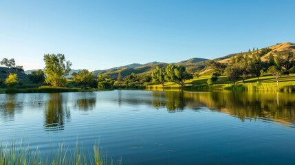 Fototapeta na wymiar A serene lake surrounded by rolling hills where participants can go on nature walks and engage in calming activities to reduce stress and improve brain health..