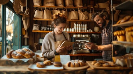A woman and a man are standing in a bakery shop. The woman is smiling and looking at a tablet while the man is looking at her. The shop is filled with various baked goods, including cakes, pastries