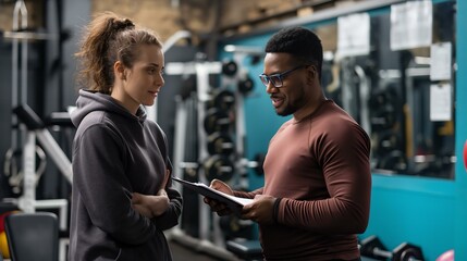 A man and a woman are talking in a gym. The man is holding a clipboard and the woman is wearing a hoodie