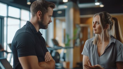 A man and a woman are talking in a gym. The man is wearing a black shirt and the woman is wearing a gray shirt - Powered by Adobe