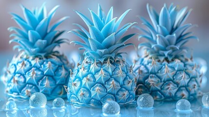   Three blue pineapples sit together on a blue surface, surrounded by water drops