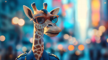 A giraffe wearing sunglasses and a blue shirt is standing in front of a city skyline