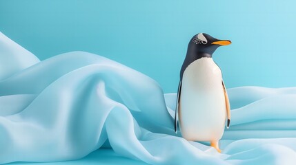 A penguin is standing on a blue sheet of fabric. The penguin is looking at the camera