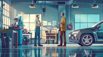 Two men are talking in a garage. One of them is wearing a yellow shirt. The garage is filled with tools and equipment