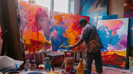 A man is painting a colorful scene with a brush. The room is filled with various paintings, including one that is almost finished. The atmosphere is lively and creative