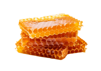 Stack of honeycomb pieces, with honey drips, isolated on transparent background. Generative AI