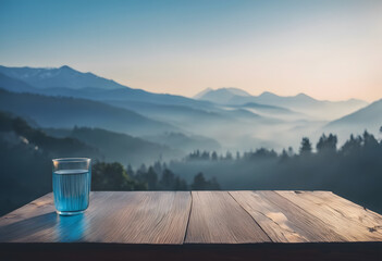 A glass of water on a wooden table overlooking a misty mountain landscape during sunrise.