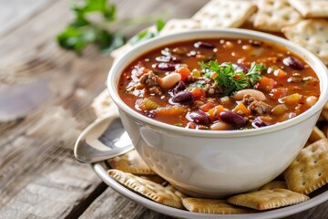 Chili soup with beans beef tomatoes spices and crackers