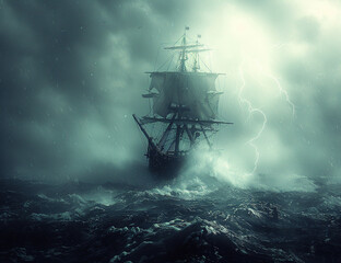 Obraz premium Pirate ship sailing in the middle of a storm and strong wave of the sea, the sea waves are very high and big, lightning also strkes in the middle of storm
