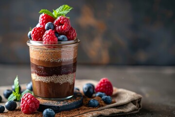 Chocolate and peanut butter chia seed pudding in jar topped with berries vertical