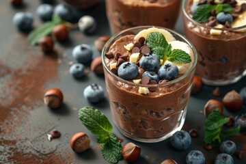 Chocolate chia pudding with coconut milk banana cream hazelnuts blueberries mint and chocolate chips Close up - Powered by Adobe