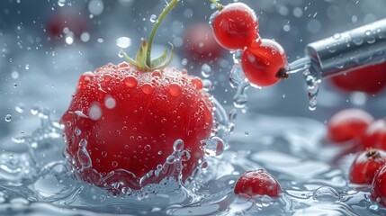   A tight shot of a cherry suspended in a water drop, with a nearby tube of water