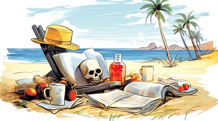 A skull wearing a hat is sitting on a beach, next to a drink and some books.