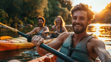 Happy young group of friends kayaking on river. Having fun in leisure activity.