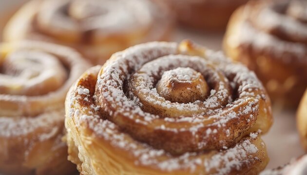 Cinnamon rolls recently baked with powdered sugar and shallow focus