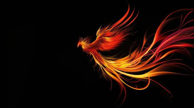 The image shows a fiery red and yellow phoenix rising from the ashes with a black background.