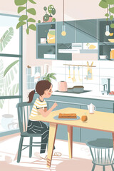 Fototapeta premium Simple minimalist flat style watercolor drawing of cute and simple cartoon, illustration of women's cook and eat some of the food in her kitchen happily