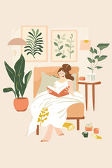 Simple minimalist flat style watercolor drawing of cute and simple cartoon, illustration for women's lying and relaxing in her bedroom while eating some snack or doing anything comfortably