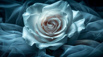   Close-up of a white rose against a backdrop of blue tulle, with soft focus on the rose's core