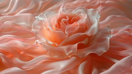   A tight shot of a pink rose with a white ruffle edging its center and a light orange hue at the heart