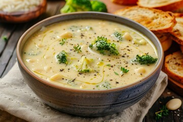 Close up horizontal image of a bowl of broccoli cheese soup with toast