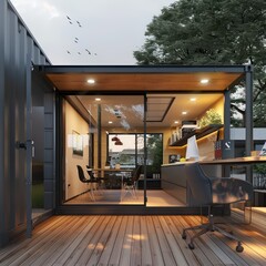 Designing a container for a trailer house office requires creativity to optimize space in a functional and stylish single-story structure - obrazy, fototapety, plakaty