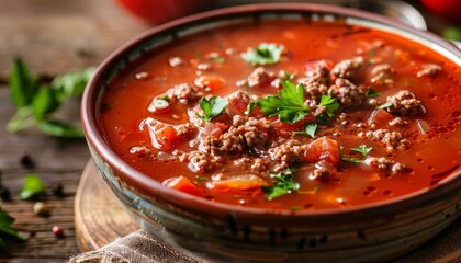 Close up horizontal image of a bowl with tomato soup ground beef and vegetables on a table
