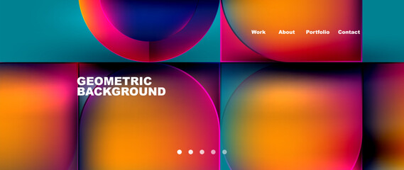 A vibrant geometric background featuring circles and squares in shades of orange, pink, violet, and magenta. The colorfulness and light of the design create a modern and eyecatching pattern