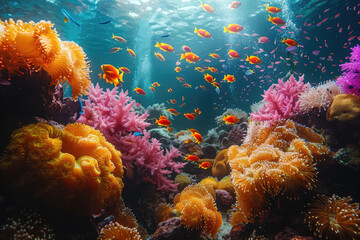 A vibrant coral reef teeming with colorful fish. Created with Ai
