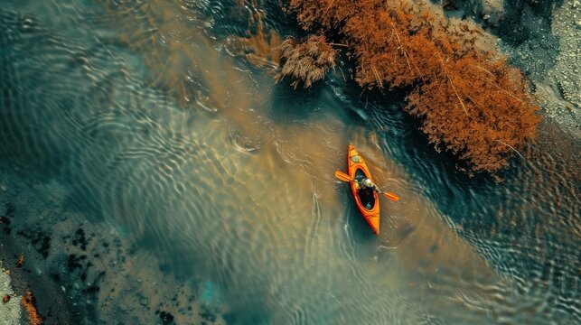 Aerial view of Kayak on river with beautiful natural. Having fun in leisure activity.