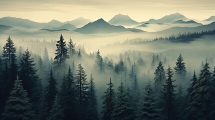 Misty forest with dare trees and rocks. Minimalistic scenery landscape. Generative AI
