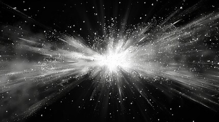   A black-and-white image of a bright explosion against a dark backdrop, adorned with stars and swirling dust