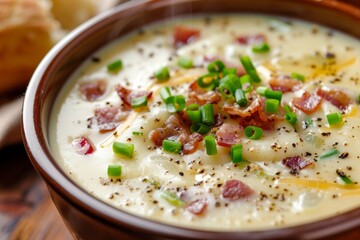 Close up of potato soup with bacon green onion and cheese