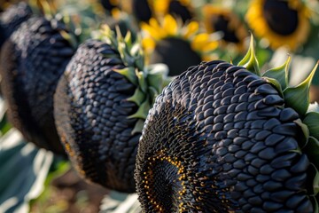 Fototapeta premium Close up of ripe sunflower heads with black seeds Agricultural harvest