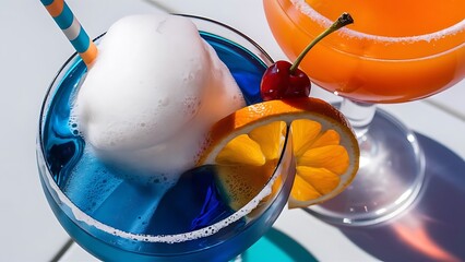 Close up image of blue and orange cocktails in glasses with straws - Powered by Adobe