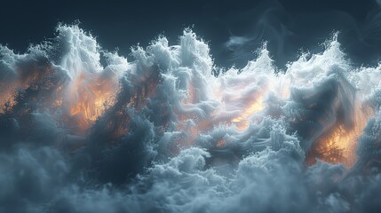   A cluster of clouds in the sky radiates a brilliant orange light from their heart, situated centrally within the image