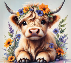 Baby highland cow with a flower