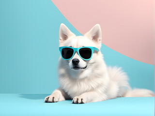 A white dog wearing sunglasses and laying on a blue surface