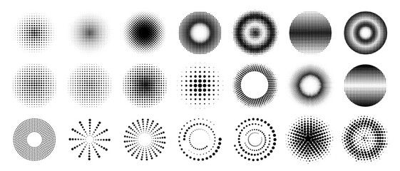 Set of modern dot circle halftone with pop art grunge texture as vector design element. Black and white round dotted halftone. Retro comic style halftone dot background or gradient polka ink pixel art