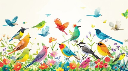 Fototapeta premium A card depicting a cheerful group of colorful birds emphasizing the beauty and diversity of endangered species..