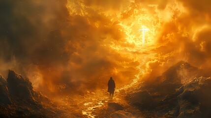 Solemn Path of Reflection: Silhouette Figure and Symbolic Cross