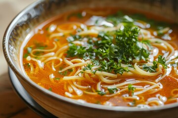 Close up of vegetable soup with noodles and parsley