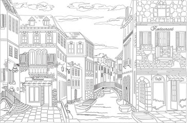 Old town street. Old city landscape.Island murano in Venice Italy. View on canal with boat and motorboat water. Mediterranean town. Vector Illustration.