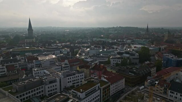 Aerial drone view of Osnabr&uuml;ck's Innenstadt in Germany. The old town center is known for its colorful gabled houses and centuries-old buildings. 