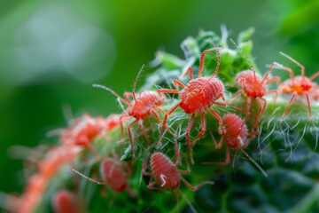 Close up photo of cluster of Red Spider Mites on plant Insect idea - obrazy, fototapety, plakaty