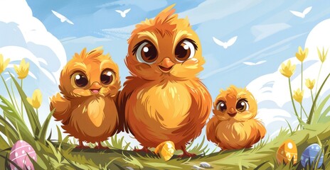 Little chickens sit on a lush green field for Easter.