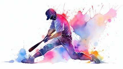 Watercolor baseball player silhouette, abstract sports art.