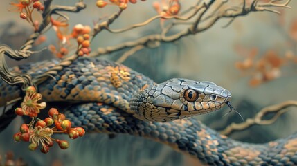 Fototapeta premium Exotic beautiful snake close up. Poisonous dangerous reptile.