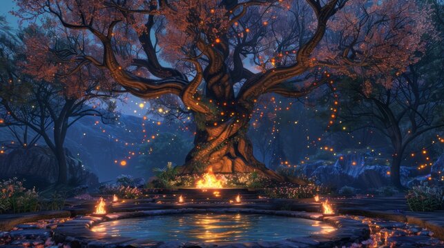 On the Elemental Altar a grand tree stands tall in the center its gnarled branches reaching towards the sky. At its base a fire pit . .