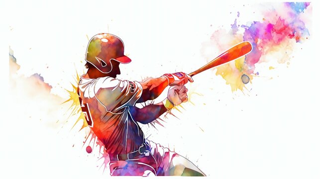 Watercolor baseball player silhouette, abstract sports art.
